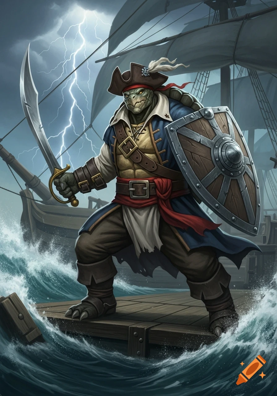 A formidable anthropomorphic turtle pirate with a scimitar and shield stands on a wooden platform amidst stormy seas with a ship in the background.