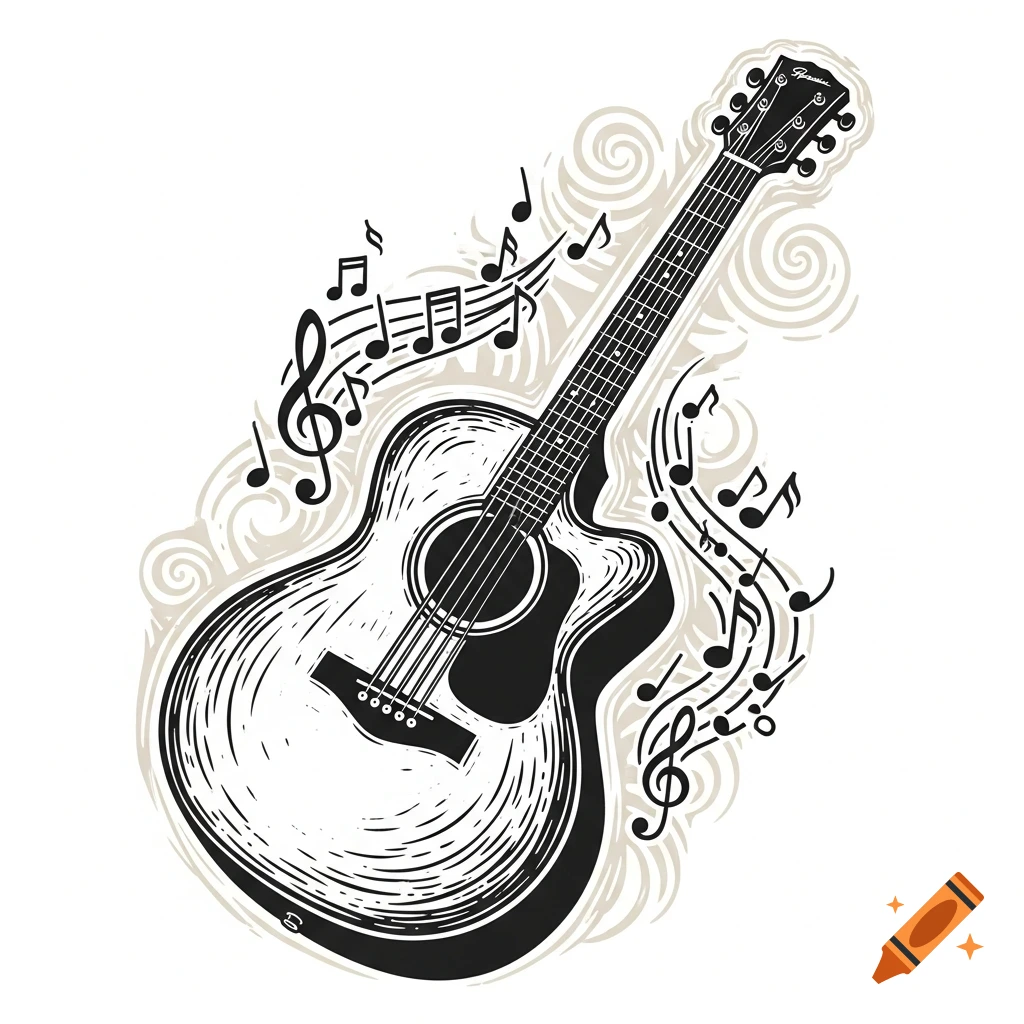 A lino cut illustration of an acoustic guitar with musical notes swirling around it, in a vintage style.