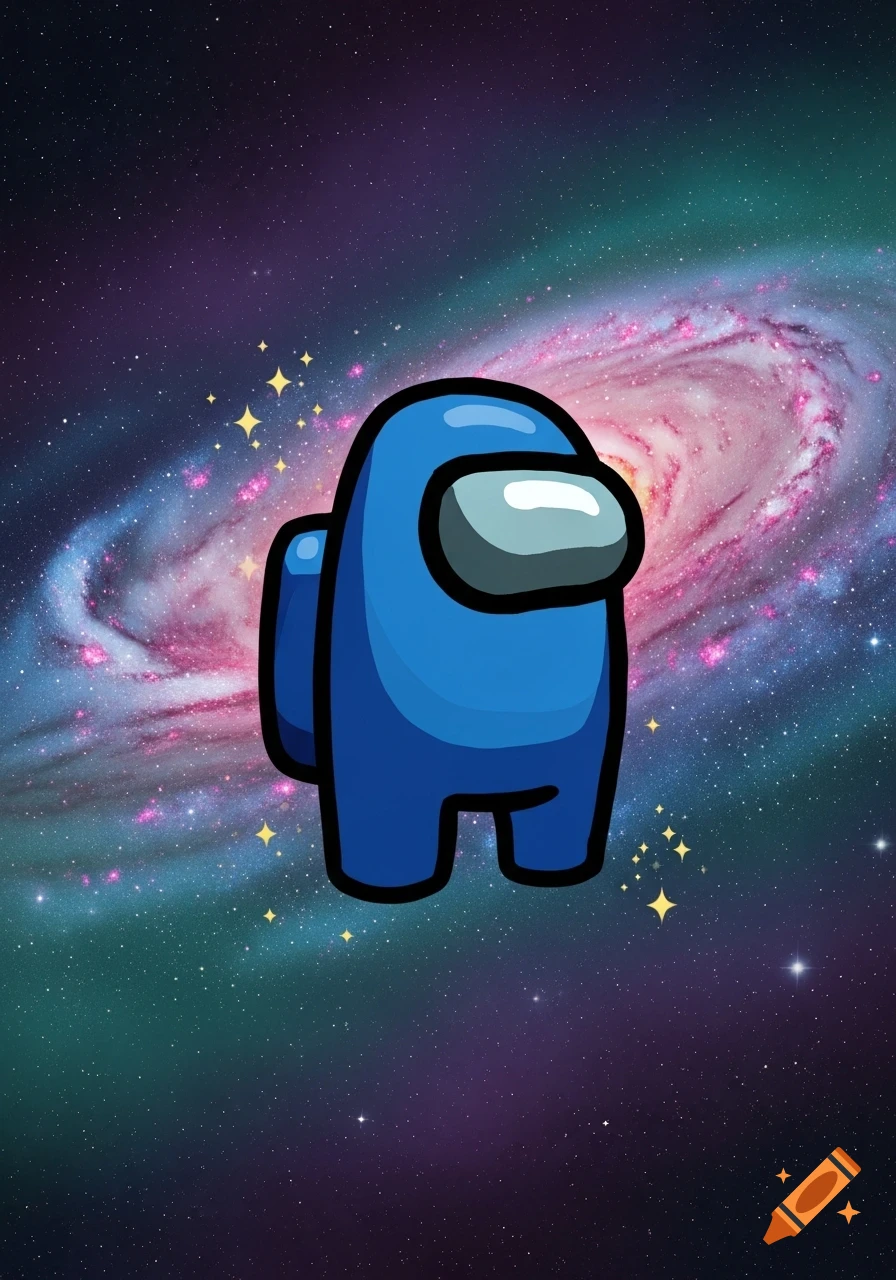 A cartoon blue Among Us character standing against a vibrant purple and green galaxy background with twinkling stars.