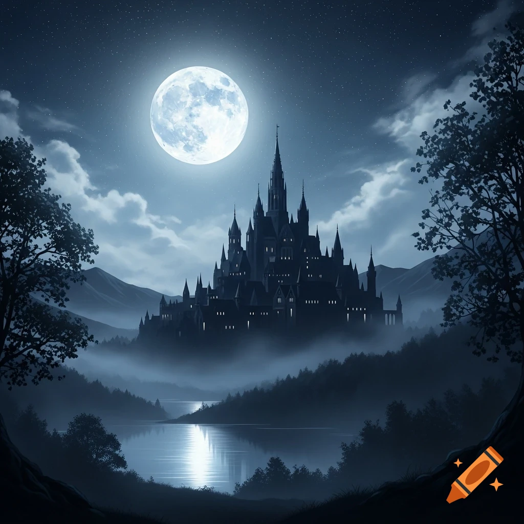 A dark gothic castle silhouetted against a bright full moon and misty ...