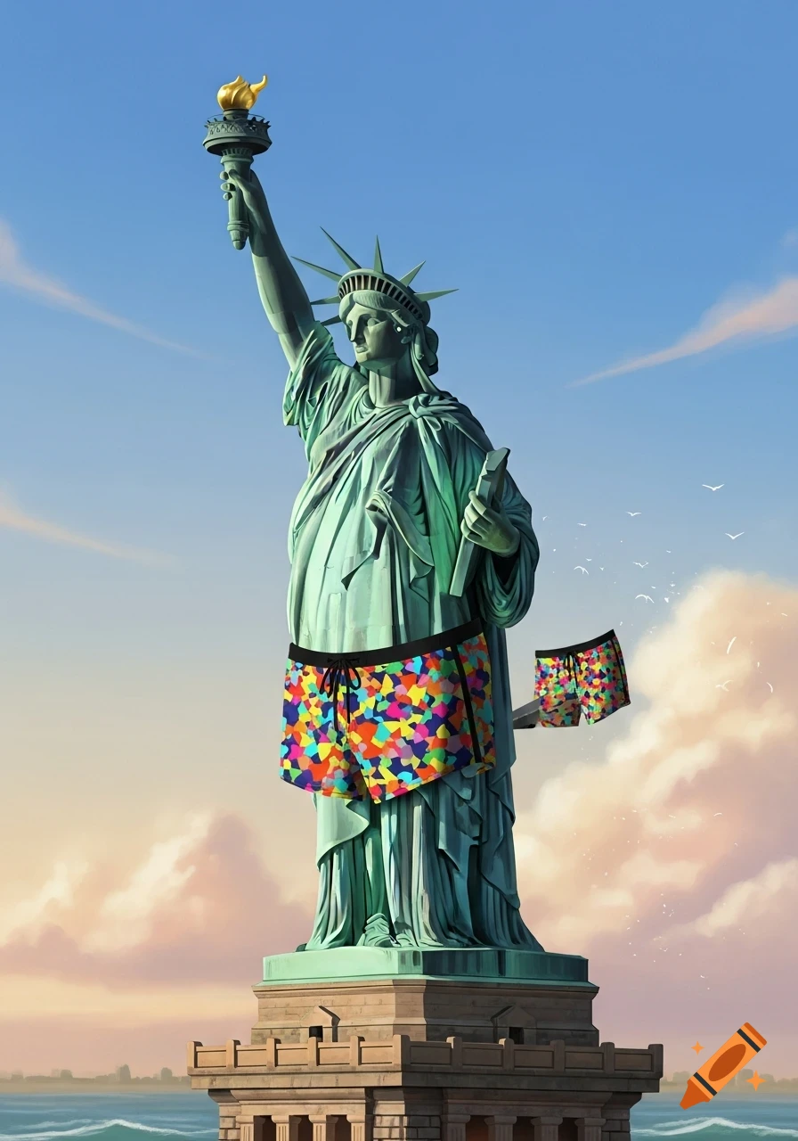 The Statue of Liberty stands under a blue sky, wearing colorful swim trunks, with another pair floating beside her.