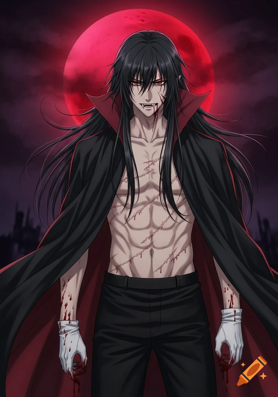 An anime vampire with long black hair, fangs, red eyes, and scars, covered in blood, standing under a blood moon.