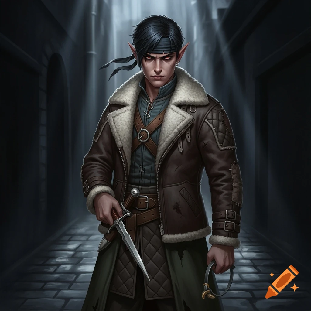 A dark-haired demi-elf man with red eyes, wearing a sheepskin-lined jacket and bandana, holds a dagger and sling in a dark alley.