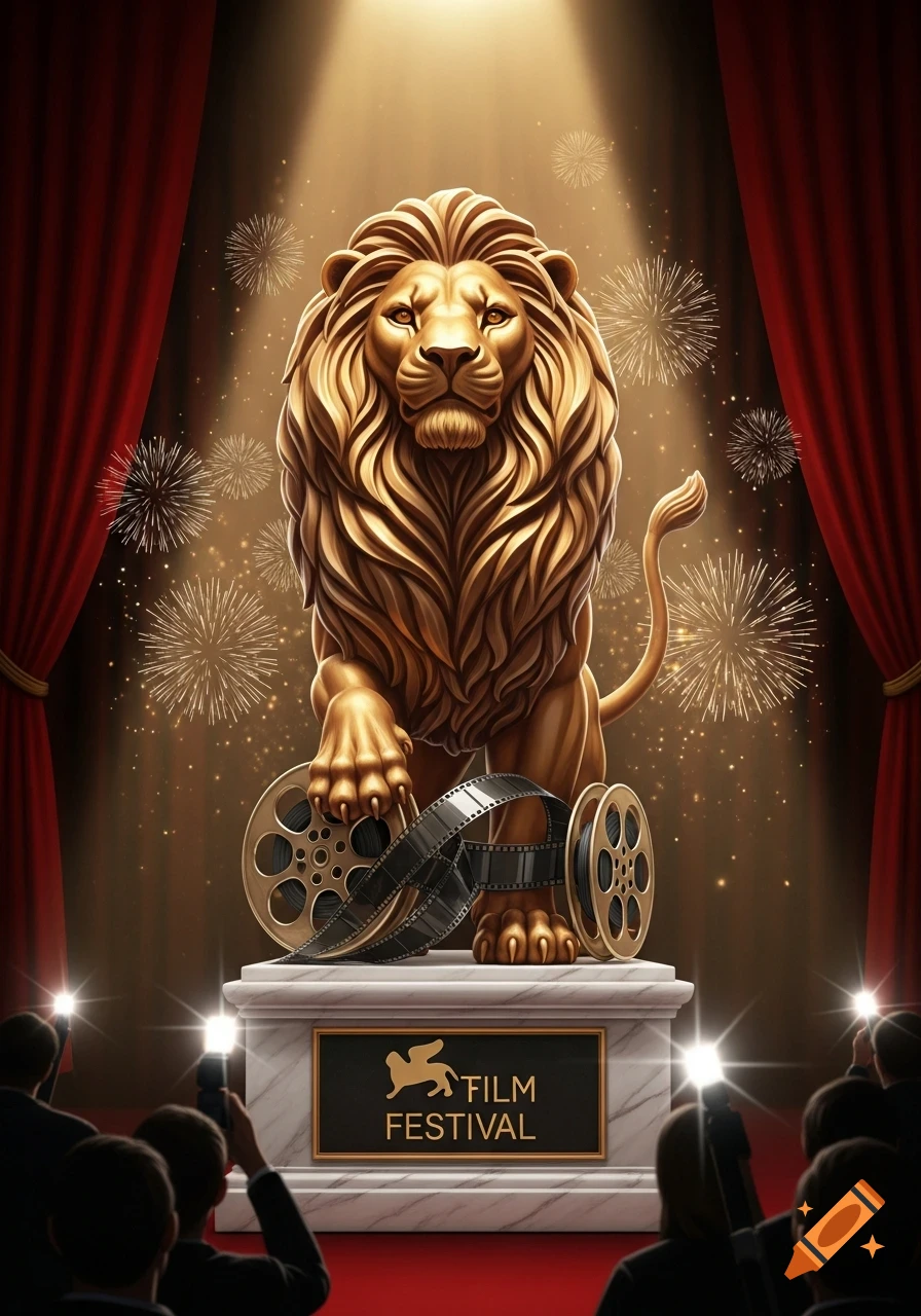 Golden lion statue on a pedestal with film reels, red curtains, spotlights, and a silhouetted crowd at a film festival.