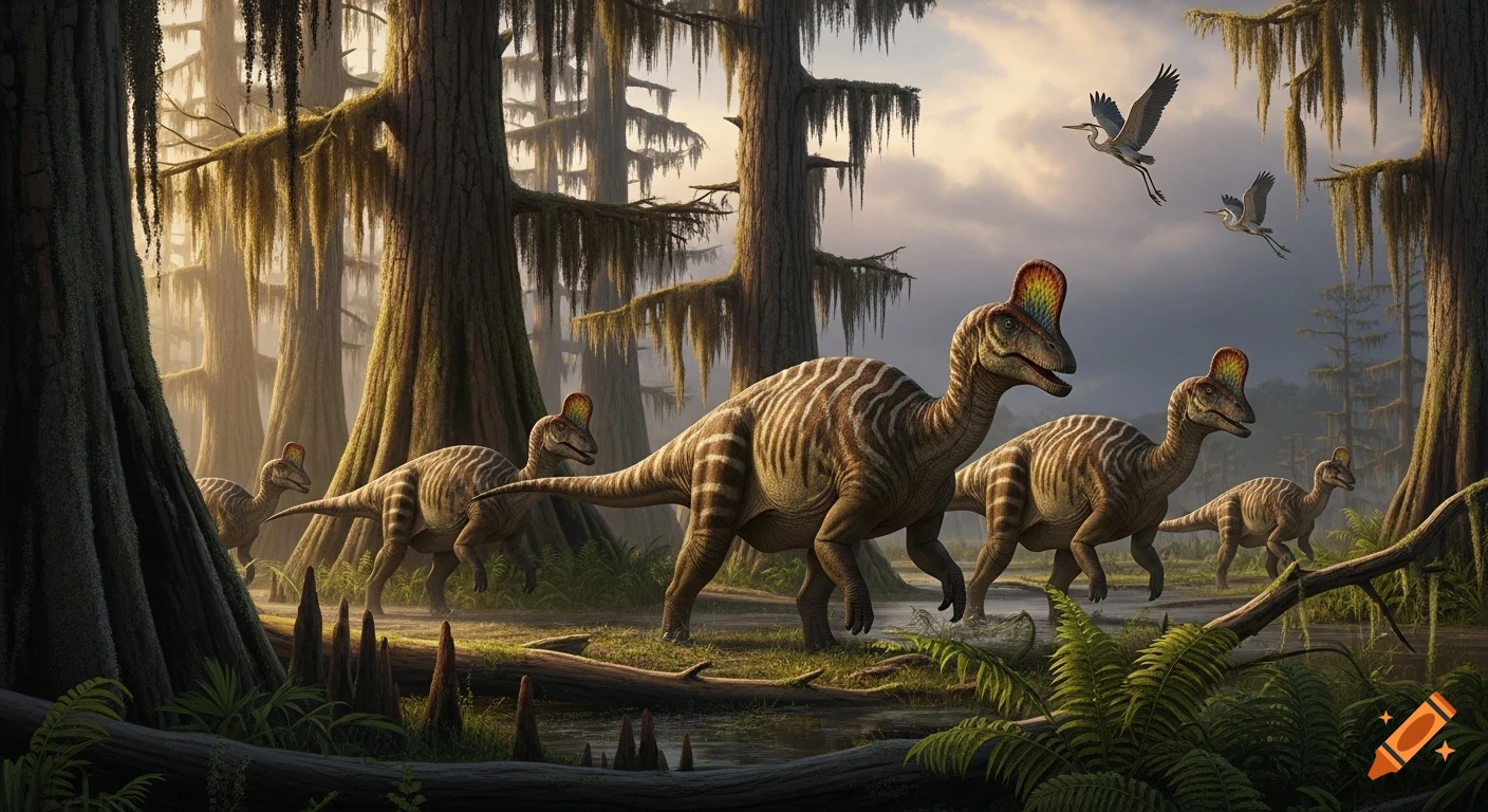 Photorealistic image of a herd of striped Corythosaurus dinosaurs roaming a cypress swamp forest while two heron-like birds take flight.