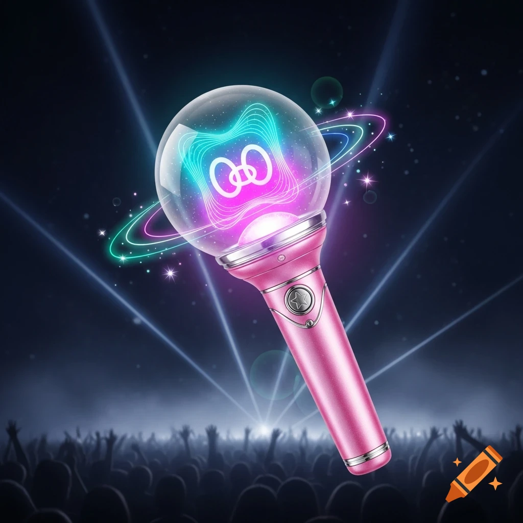 A pink K-pop lightstick, with a transparent sphere glowing blue and pink, features a stylized white symbol at a concert with a silhouetted crowd and spotlights.