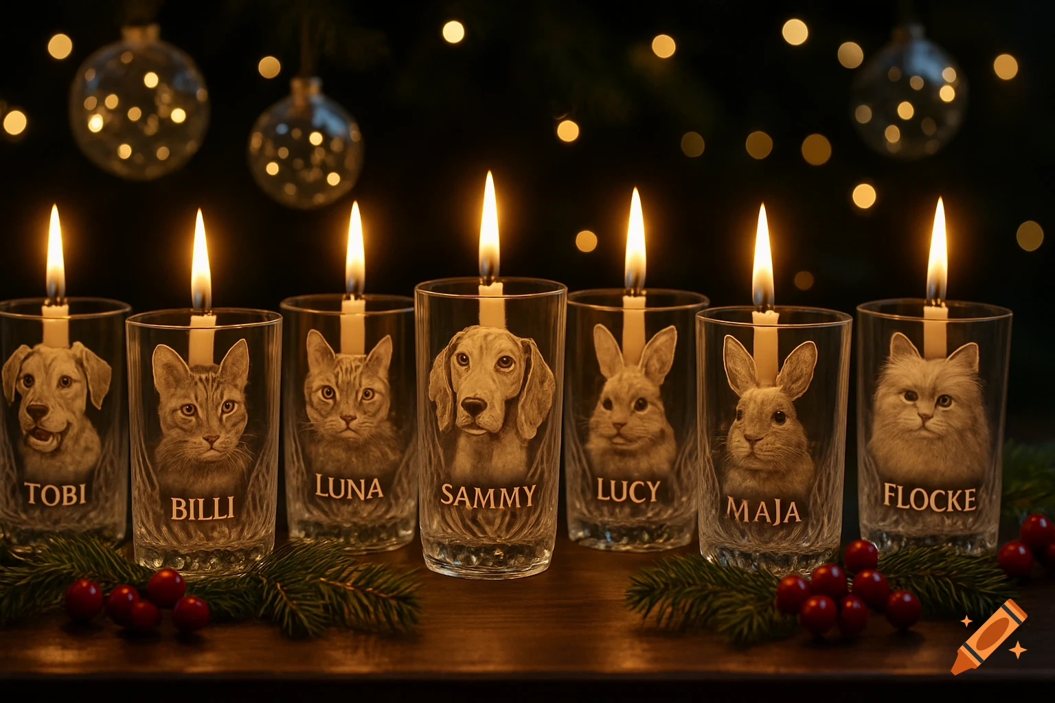 A cozy Christmas scene with seven lit candles in glasses, each engraved with a dog, cat, or rabbit portrait and its name, on a table with pine and berries.