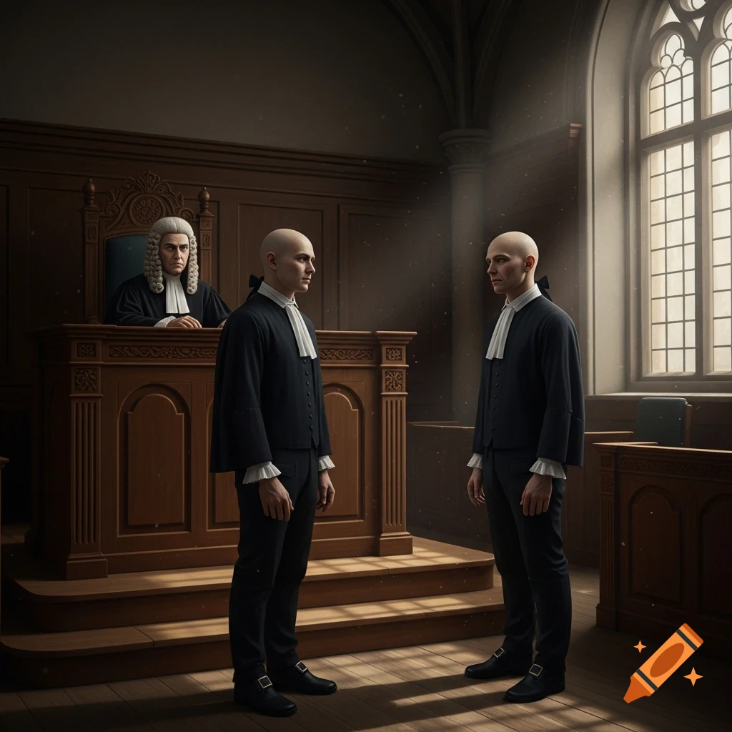 A judge in a wig presides over two identical bald men in an 18th-century courtroom, one seemingly the accused.