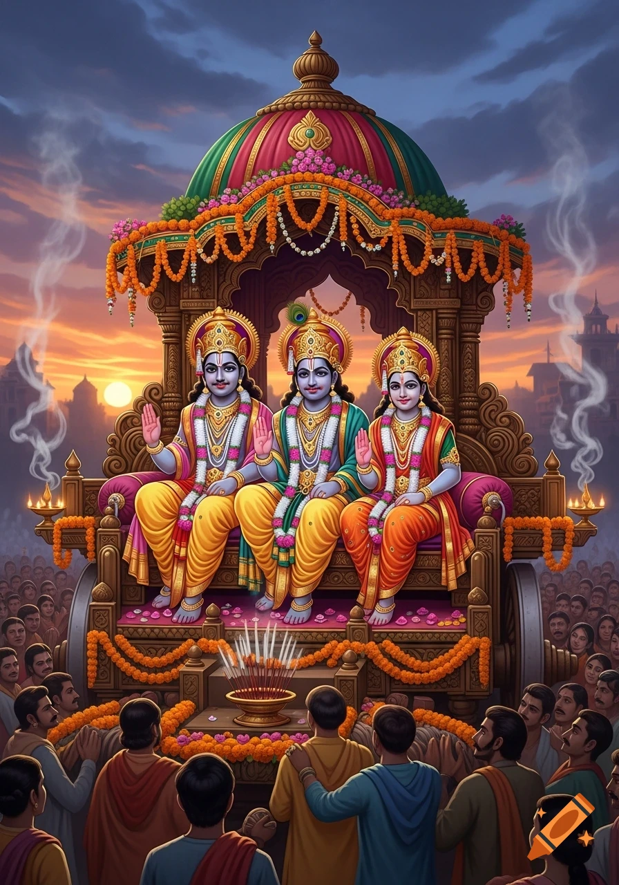 Three Hindu deities, Jagannath, Balaram, and Subhadra, on a brightly decorated chariot, surrounded by devotees during a vibrant sunset festival.