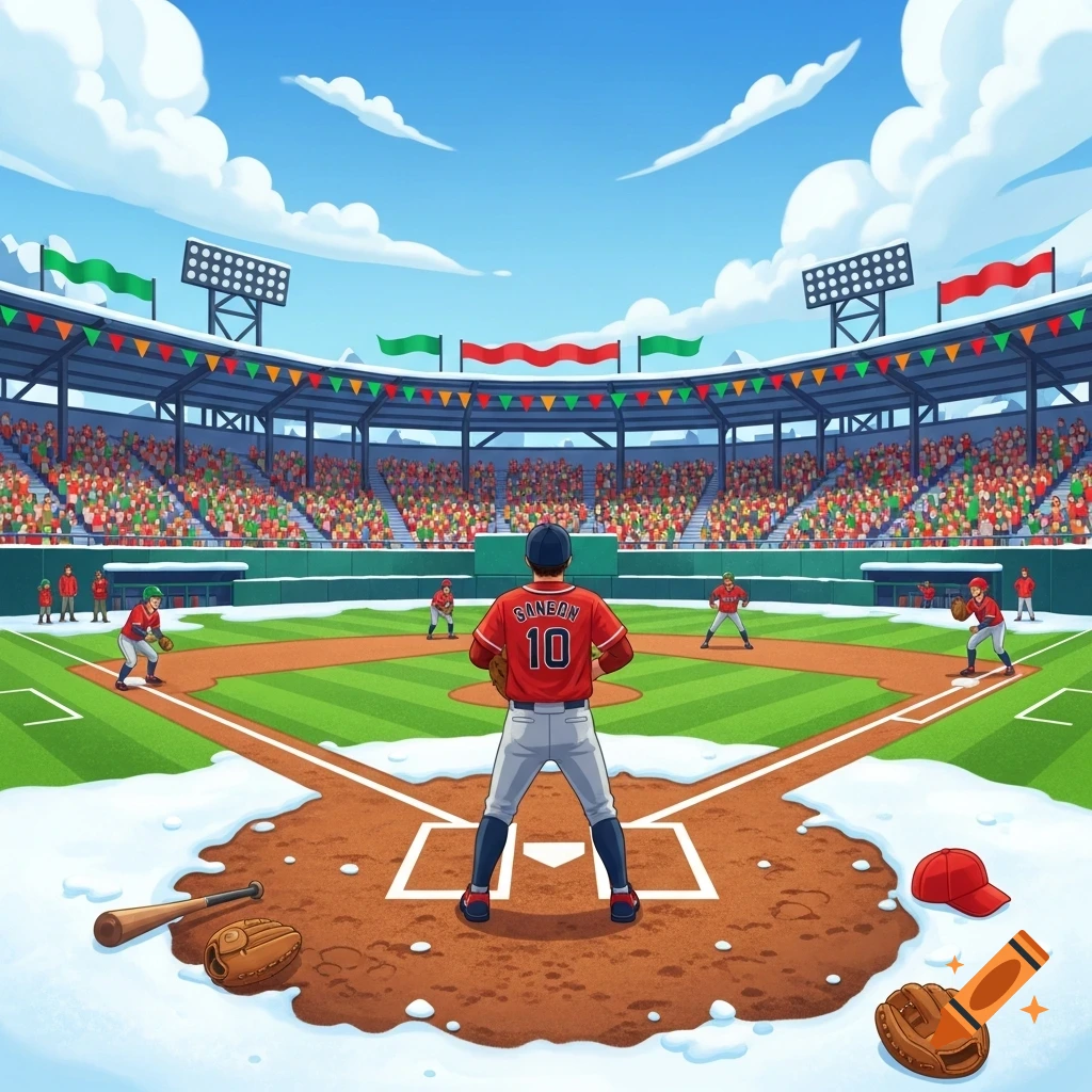 Cartoon illustration of a snowy baseball field from the pitcher's mound, looking into a stadium filled with fans.