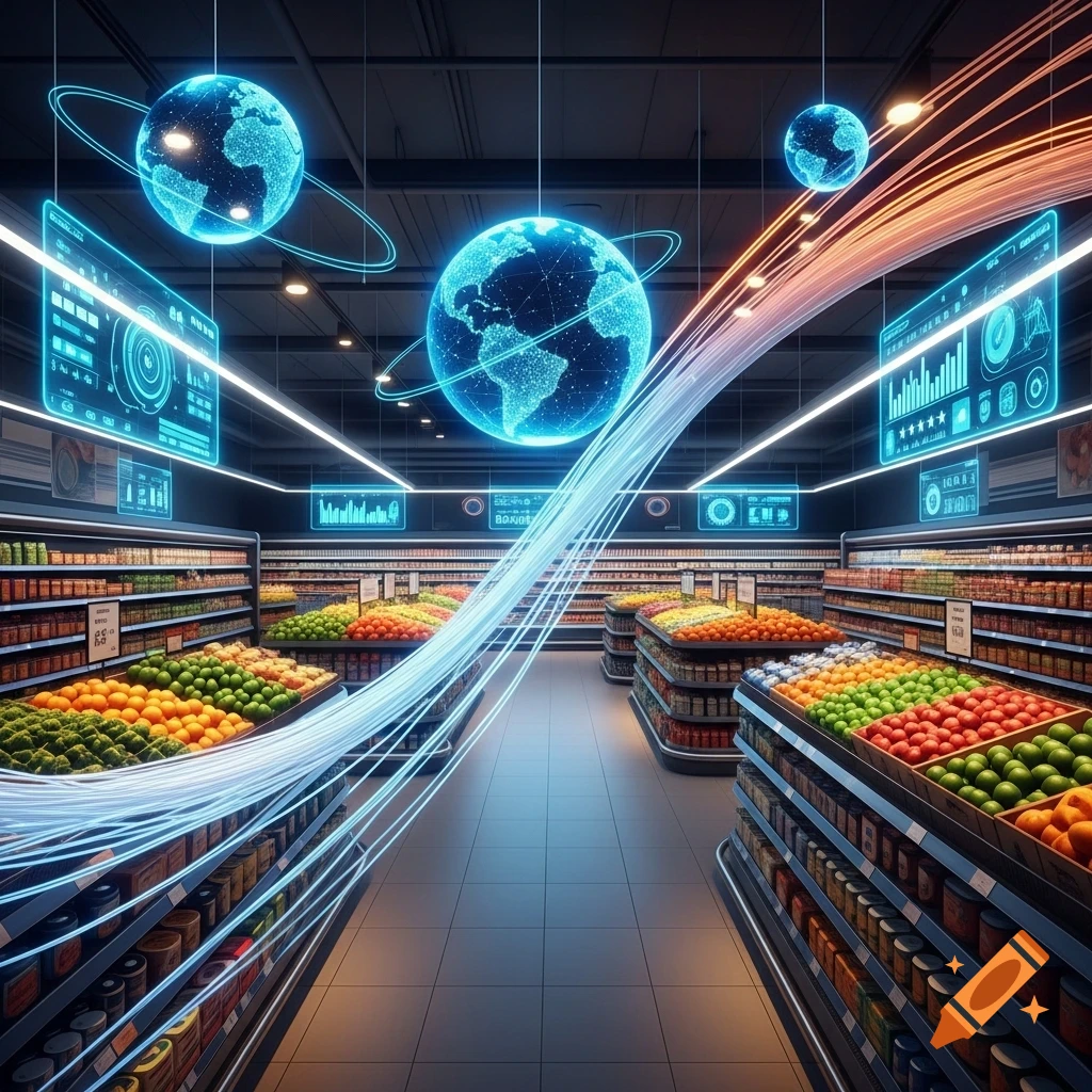 A futuristic supermarket with glowing blue earth globes, data streams, and holographic screens displaying information, alongside shelves of fresh produce.