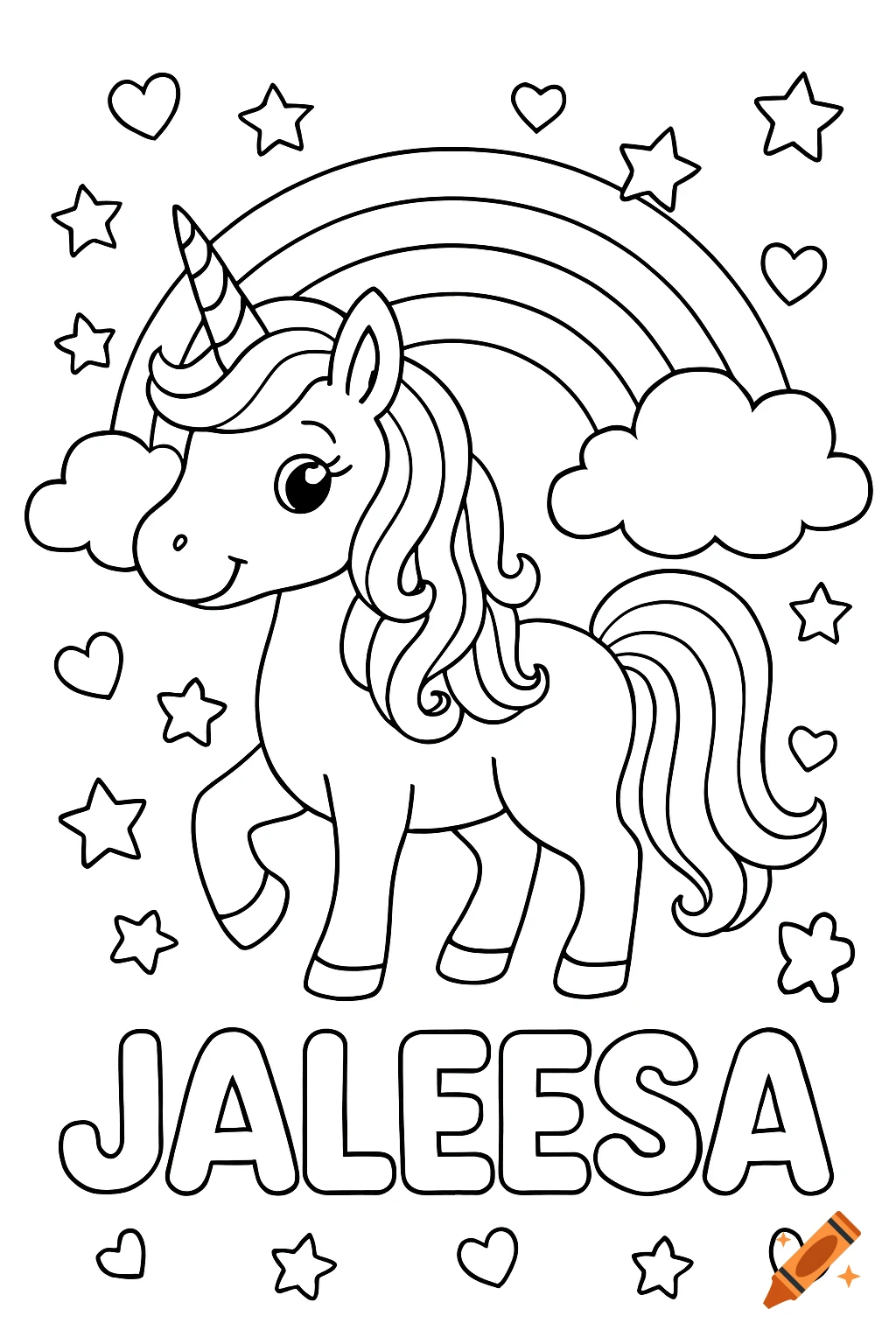 Black and white coloring page of a cute unicorn with a rainbow, clouds, stars, hearts, and the name Jaleesa in bubble letters.