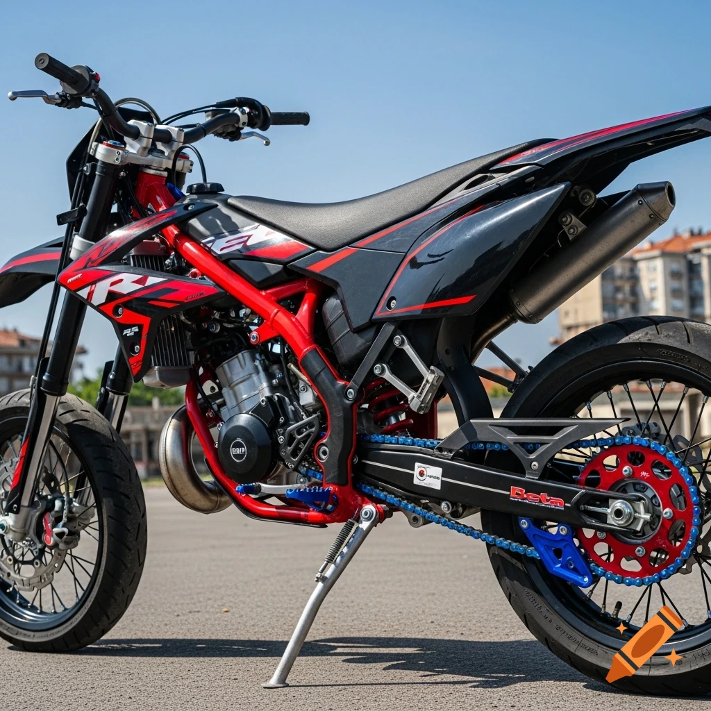 A black and red Beta RR supermoto motorcycle with a red frame, blue chain, and red sprocket, parked on asphalt under a clear sky.