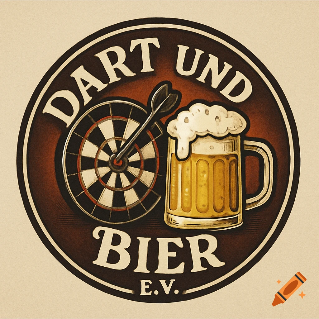 A circular logo with a dartboard and a frothy beer mug, featuring the text "DART UND BIER E.V." in a vintage style.