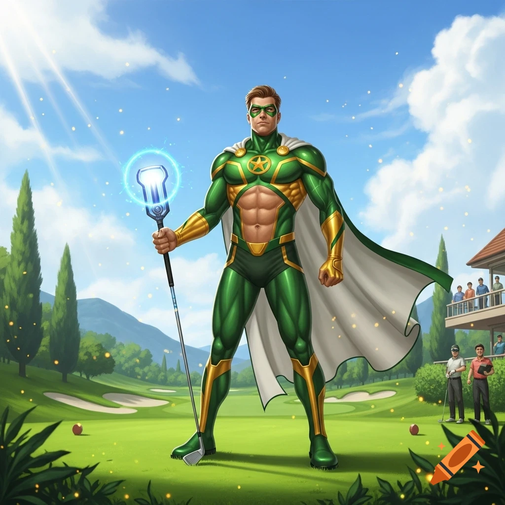 Muscular superhero in green and gold suit and cape holding a glowing golf club, standing on a sunny golf course.