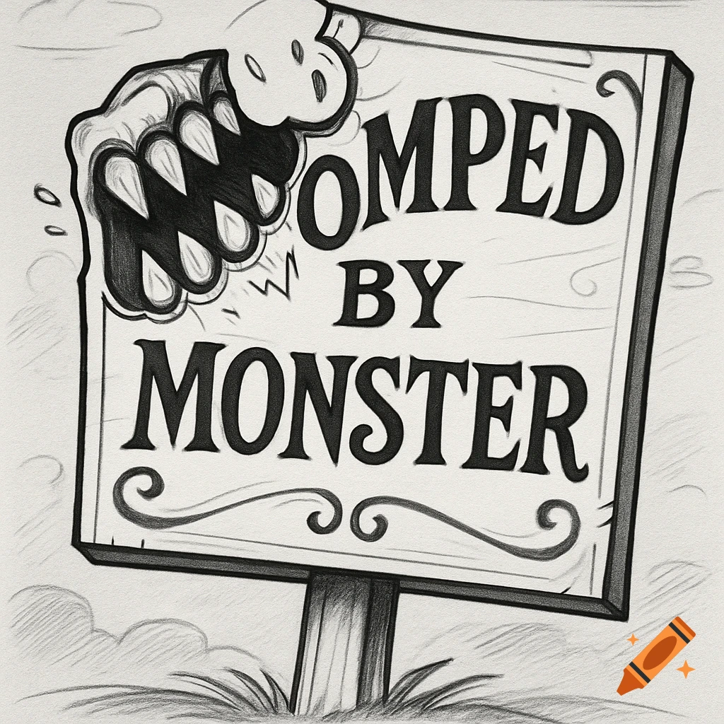 A black and white cartoon sketch of a wooden sign with a monster-sized bite taken out of its corner, reading 'OMPED BY MONSTER'.