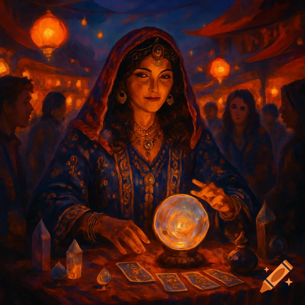 A painting of a fortune teller with a crystal ball, tarot cards, and crystals in a dimly lit market with glowing lanterns.