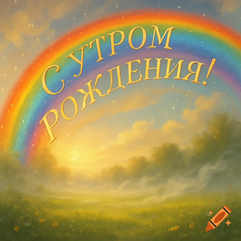 A vibrant rainbow arches over a golden field and misty green trees under a soft, cloudy sky. Golden Russian text is on the rainbow.