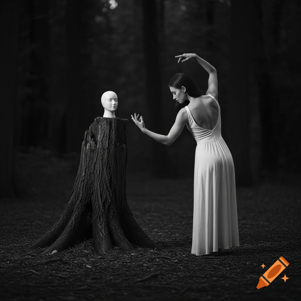 Black and white photo of a woman in a white dress with arms like a bird ...