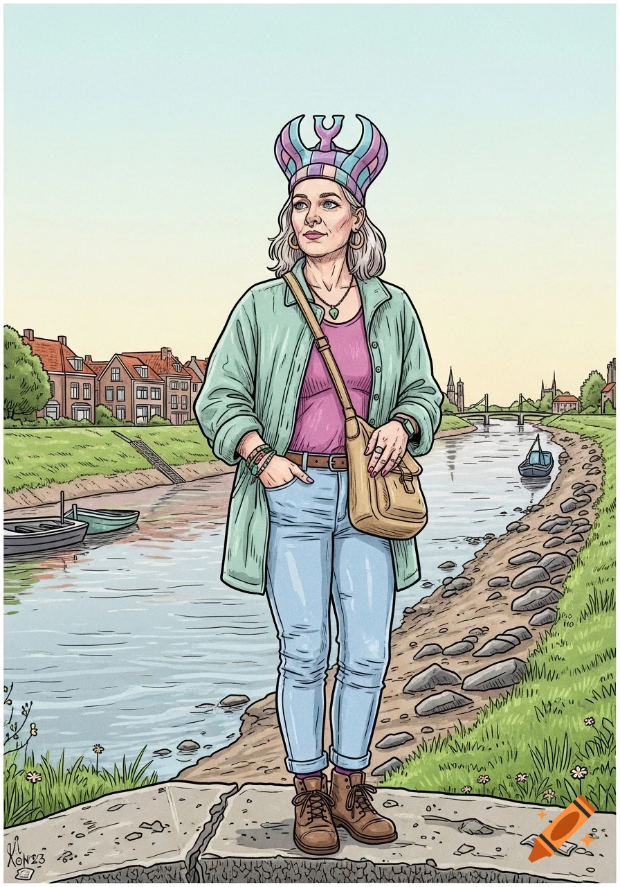 An illustration of a woman in a unique striped cap, green jacket, jeans, and boots, standing by a river with houses and boats.