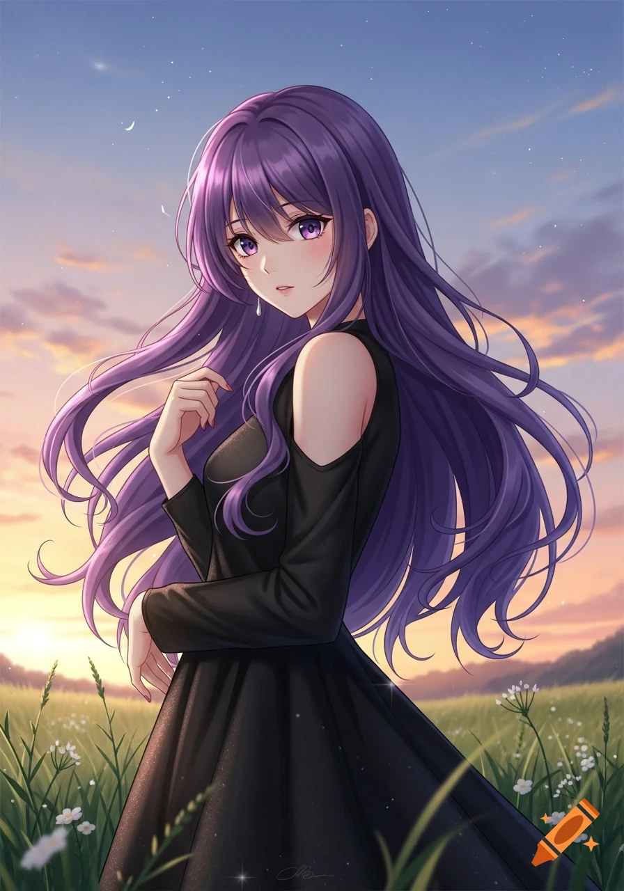 An anime girl with long purple hair and a black cold-shoulder dress stands in a field at sunset, looking over her shoulder.