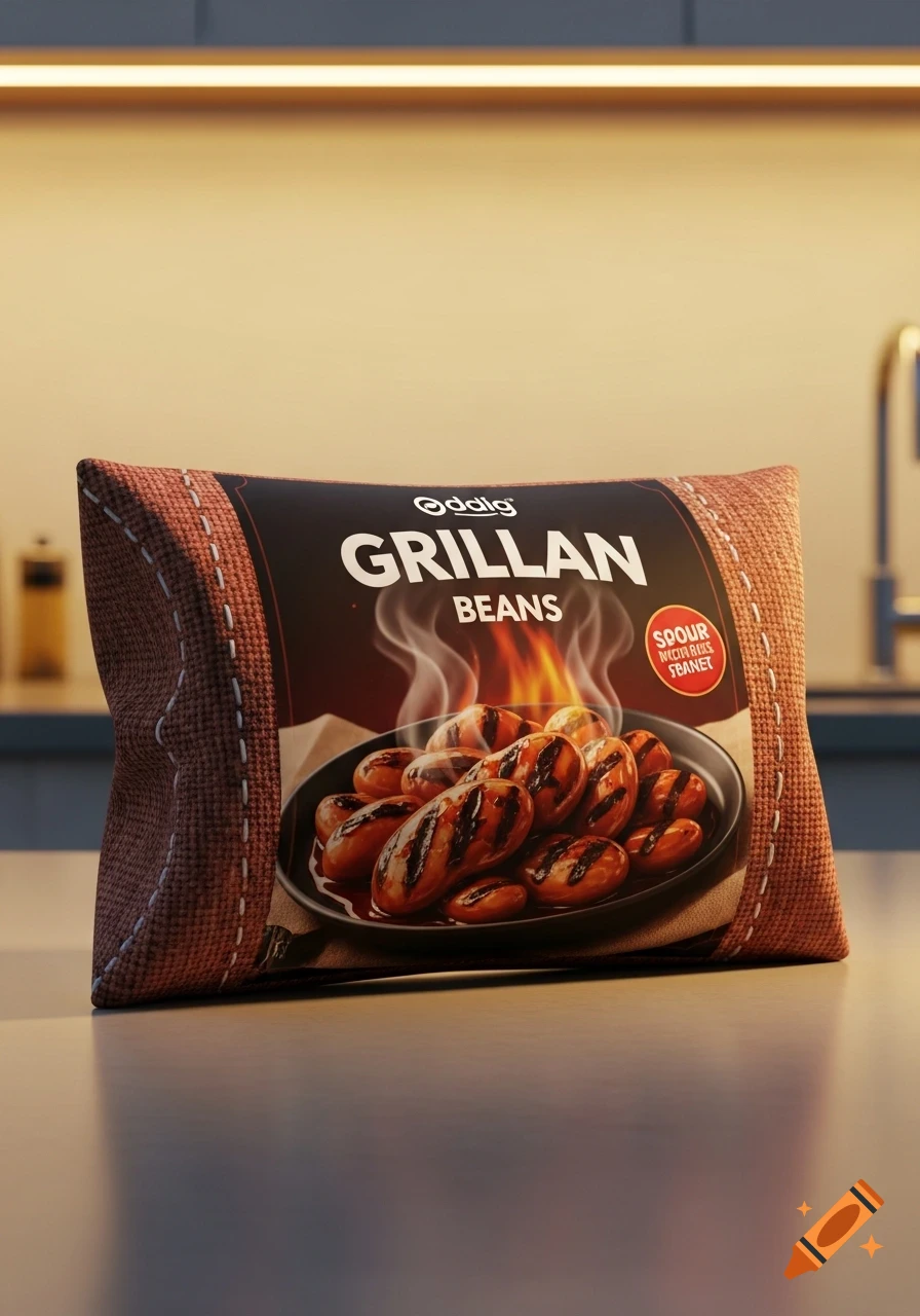 Photorealistic image of a pillow-shaped package of 'Grillan Beans' on a kitchen counter.