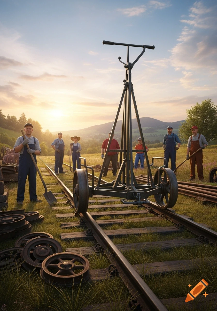 A group of railway workers stand around a draisine and track parts on a grassy railway line in a rural landscape at sunset.