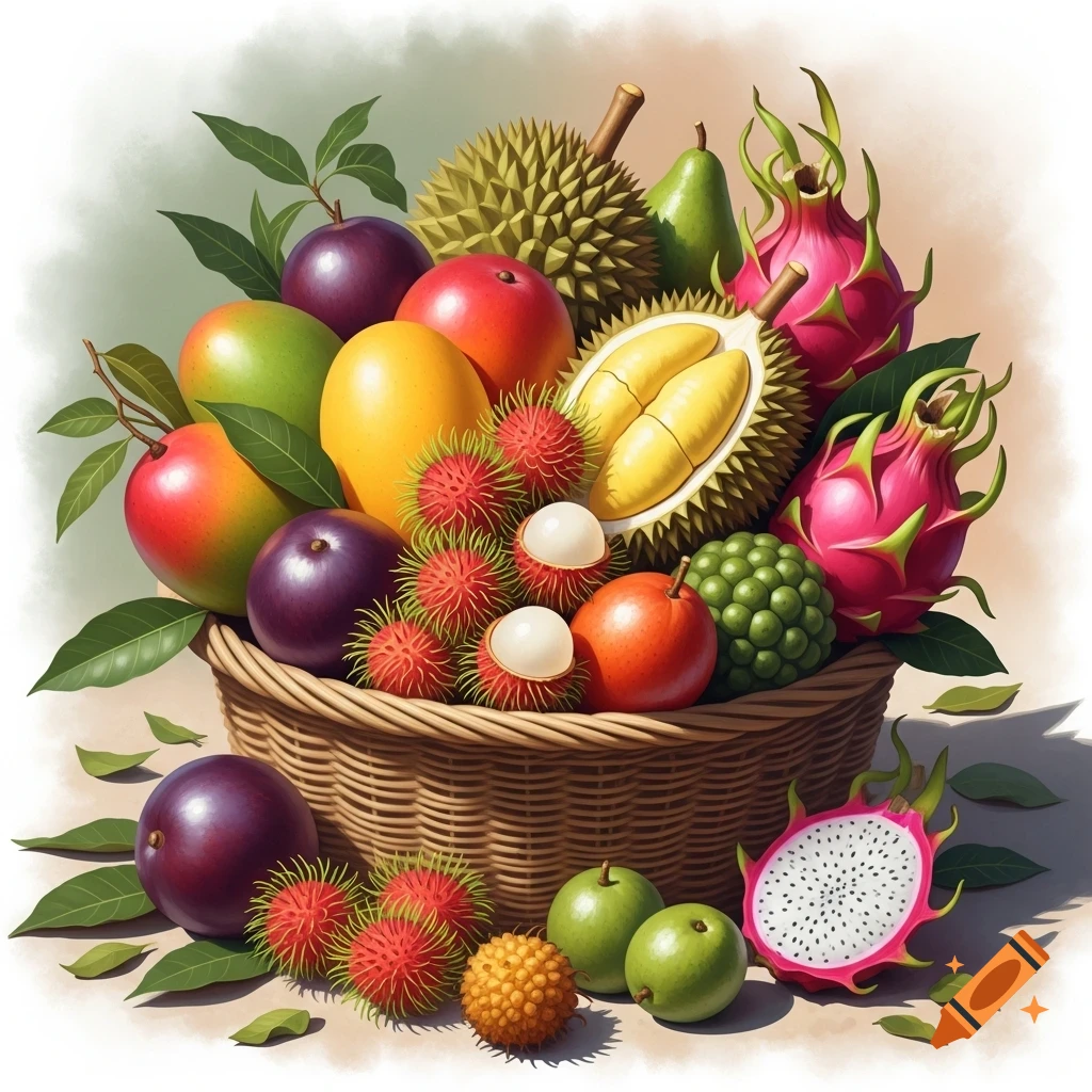 Painterly still life of a woven basket brimming with colorful exotic fruits including durian, dragon fruit, mangoes, and rambutan.