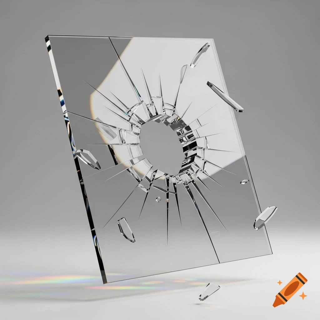 A clear, thin pane of glass shattered from the center with a circular hole, creating radial cracks and detached fragments, against a grey background.