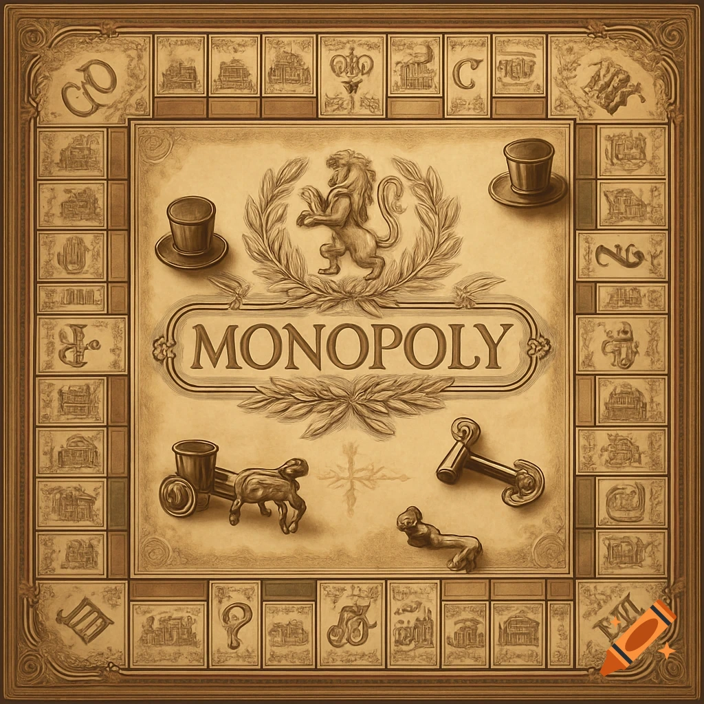 A vintage, sepia-toned Monopoly game board with a lion crest, laurel wreaths, and classic game pieces like a top hat and dog.