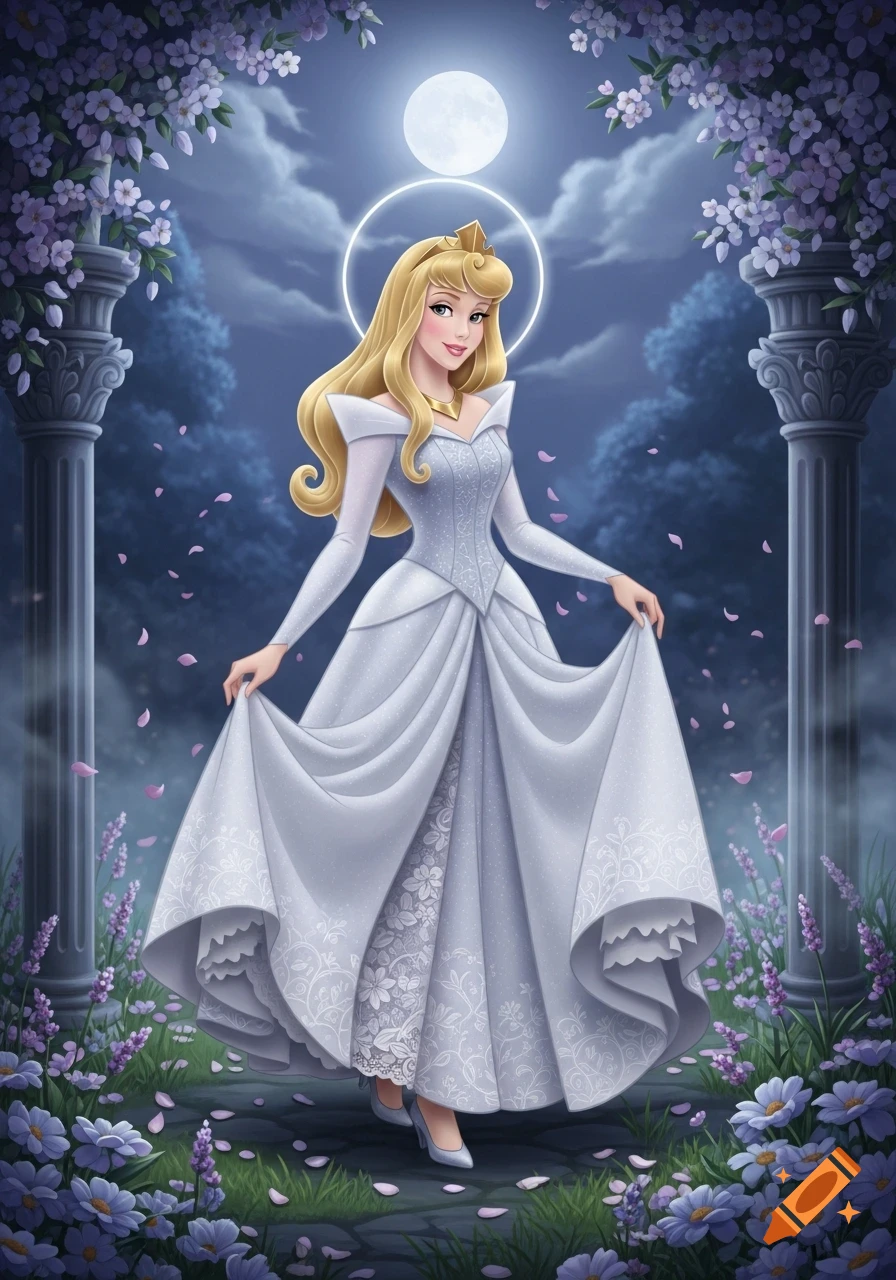 Princess Aurora in a white gown lifts her skirt in a moonlit, lavender-filled garden between stone columns, detailed illustration.