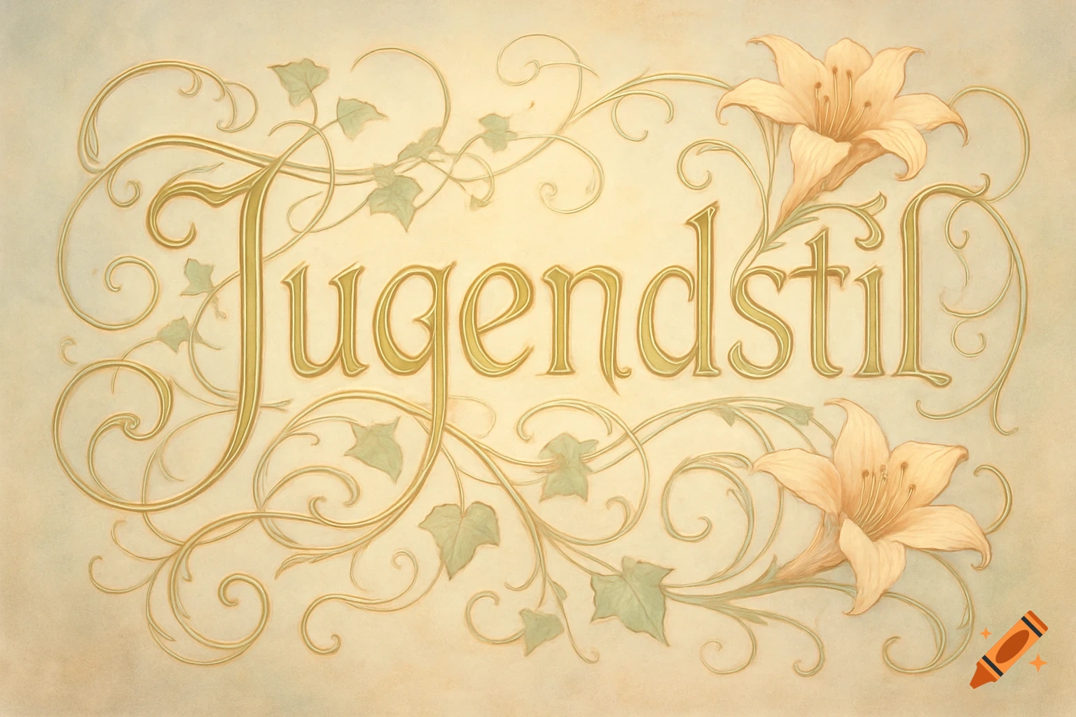 Decorative Art Nouveau illustration of the word 'Jugendstil' in golden lettering, surrounded by elegant vines and lilies on a light background.