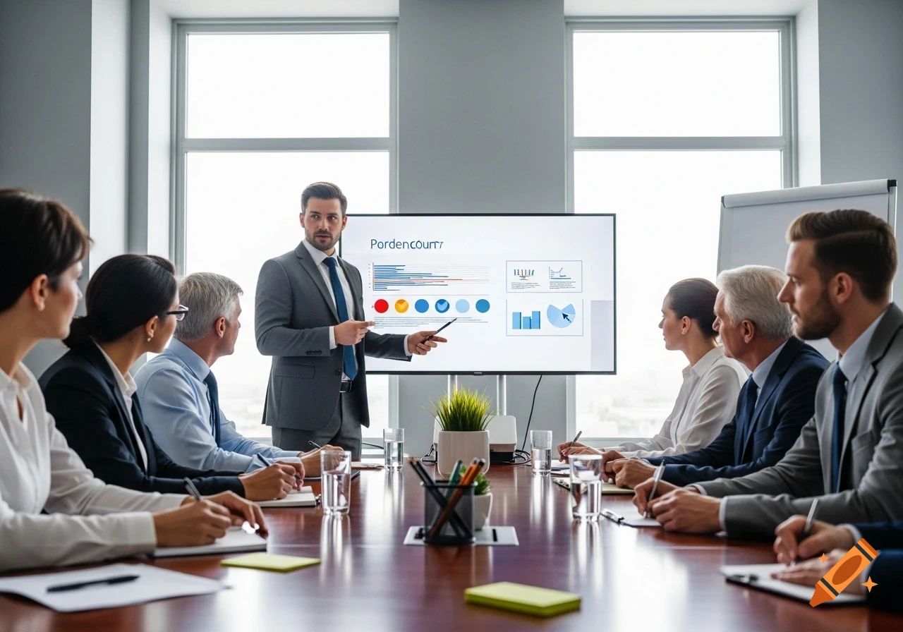 A man in a suit presents data on a large screen to a diverse group of professionals in a corporate meeting.