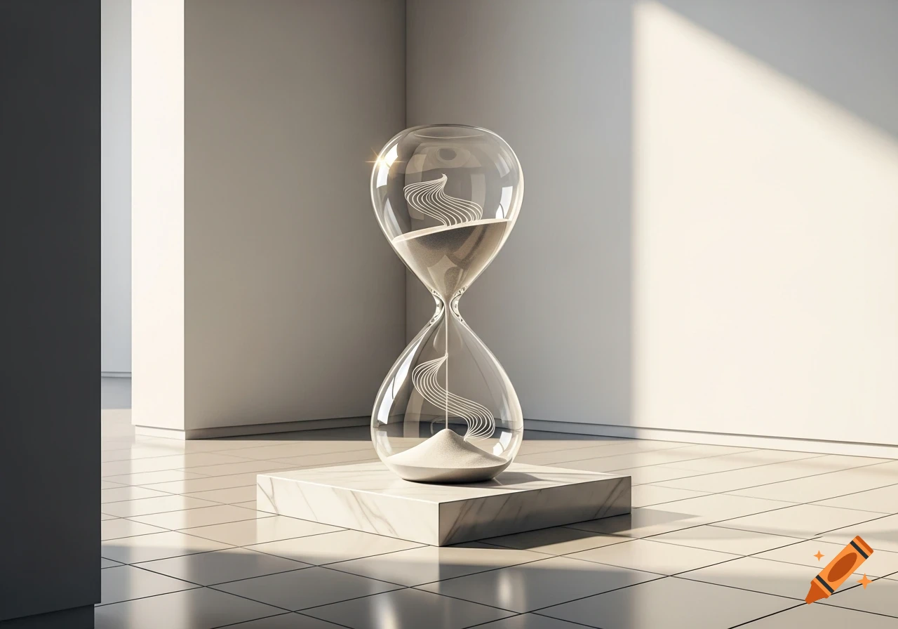 A photorealistic clear glass hourglass with sand and abstract white wavy designs inside, sits on a white marble block in a brightly lit, minimalist room.
