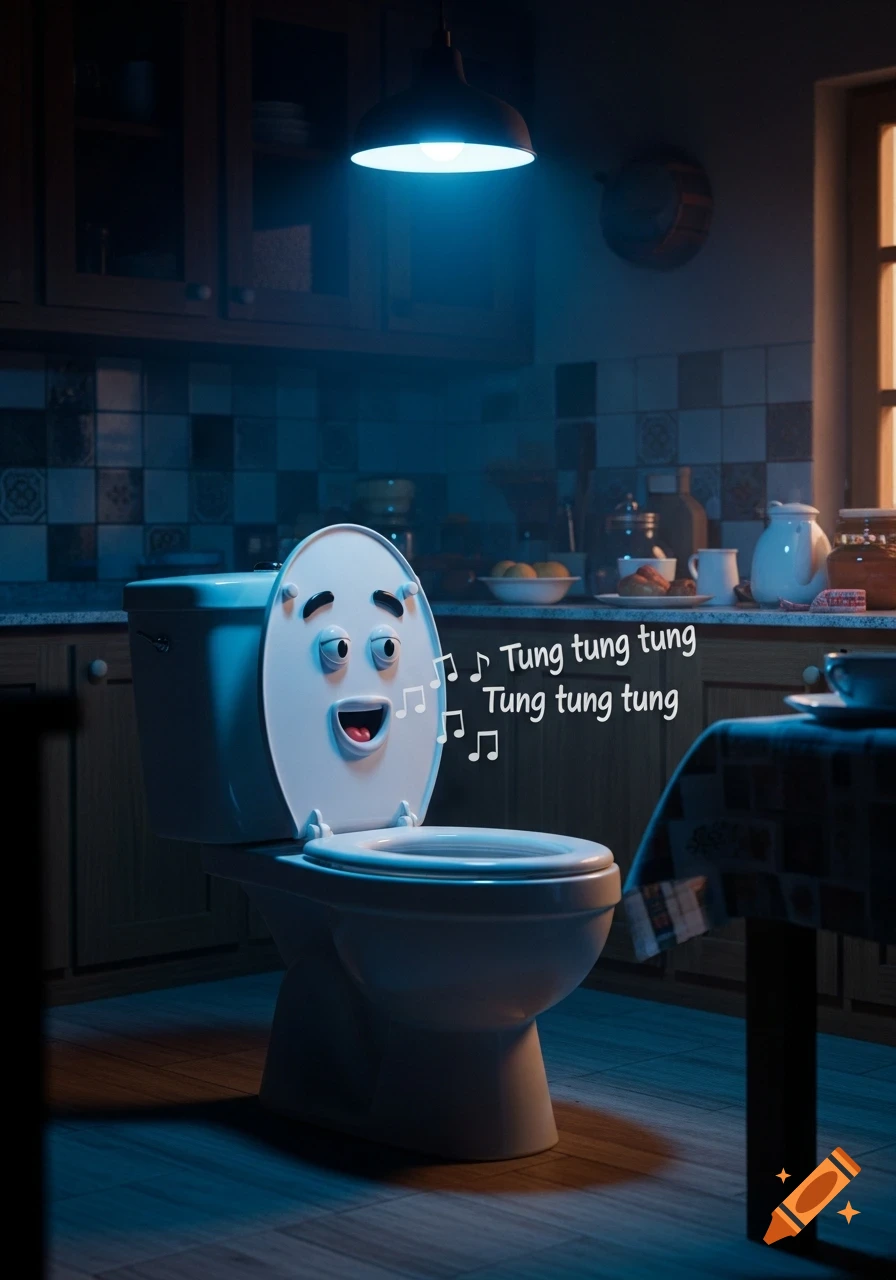 A cartoon toilet with a face sings "Tung tung tung" in a dimly lit kitchen under a blue light.