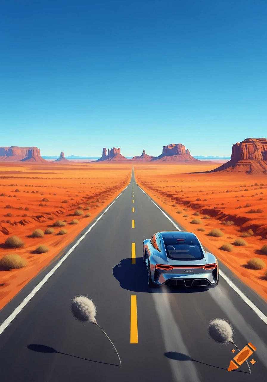 A futuristic silver car drives down a straight desert highway towards distant mesas under a clear blue sky.