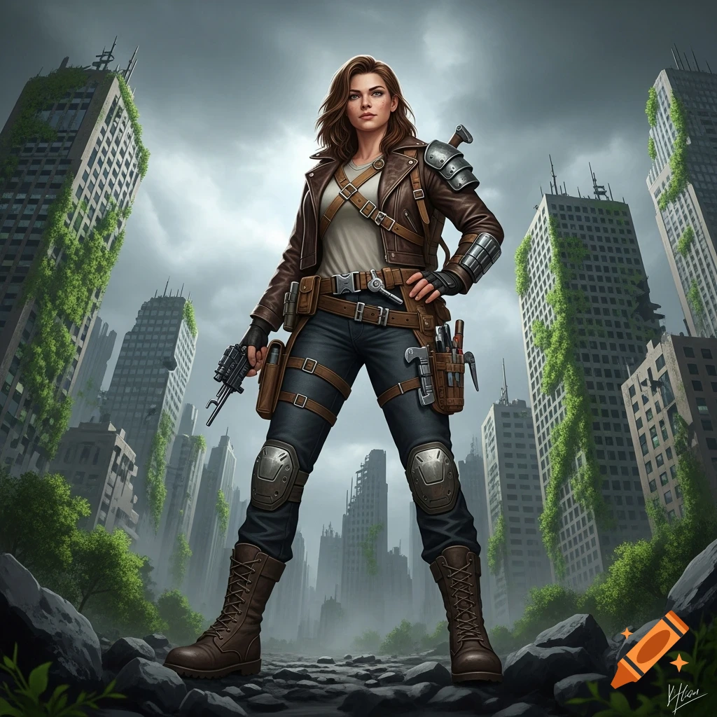 A determined woman in survival gear stands in a post-apocalyptic city with overgrown skyscrapers, holding a pistol.