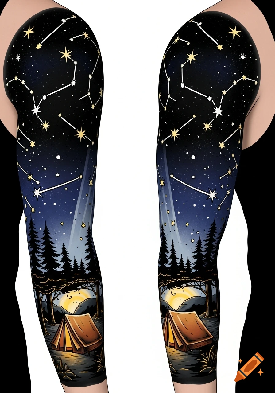 Neo-traditional tattoo sleeve design depicting a starry night sky with constellations above a camping scene with a tent and pine trees.