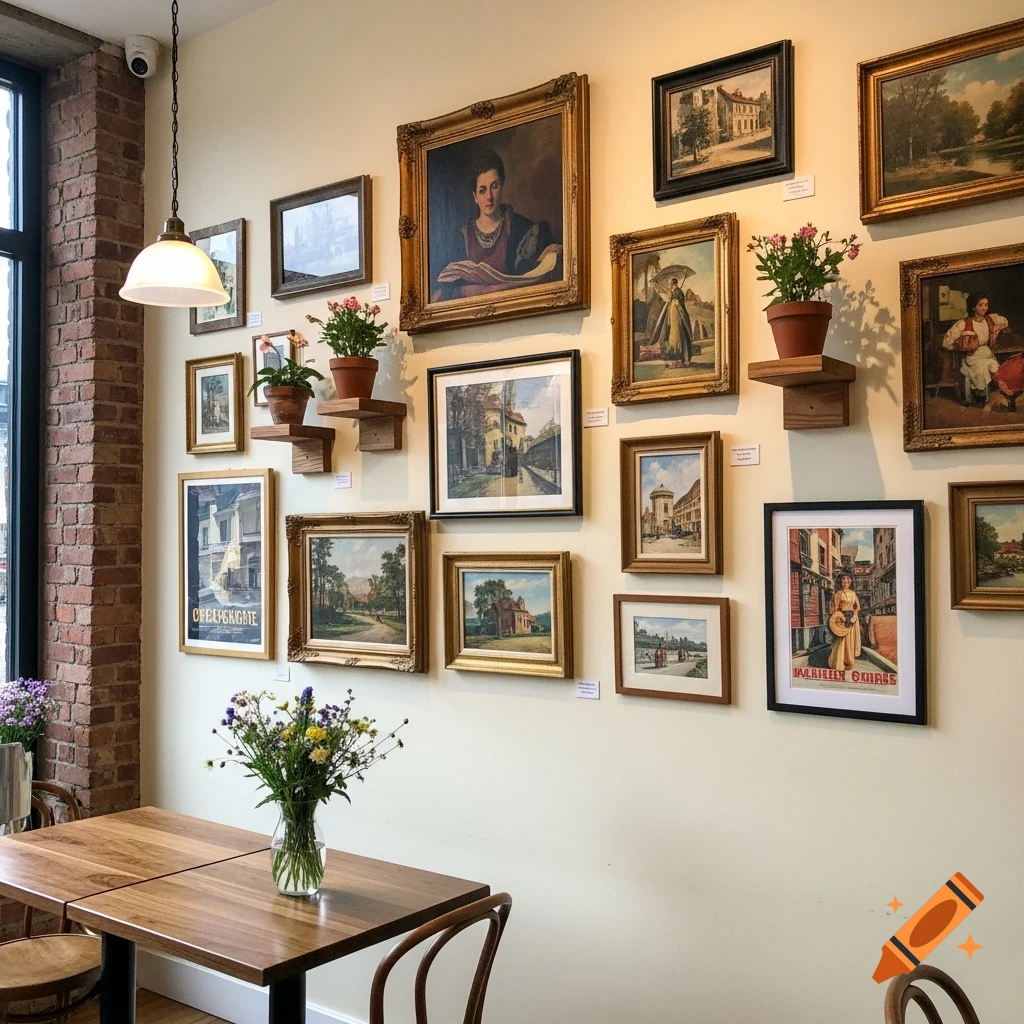 A cafe wall is adorned with numerous framed landscape and portrait paintings, potted plants on wooden shelves, and two decorative posters, above a wooden table with a vase of wildflowers.