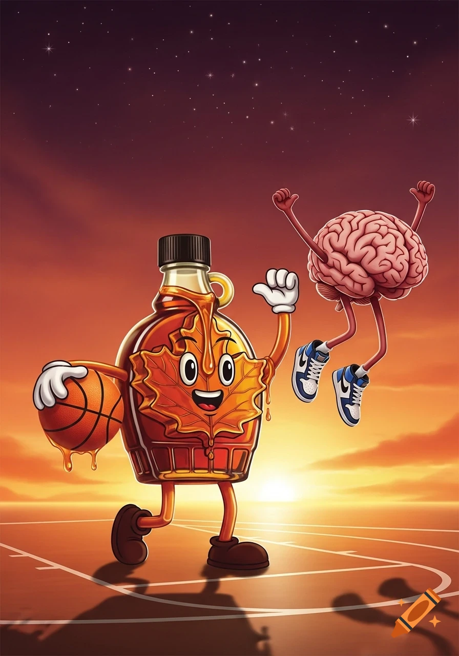 Cartoon maple syrup bottle dribbling a basketball next to a jumping brain character on a court at sunset.
