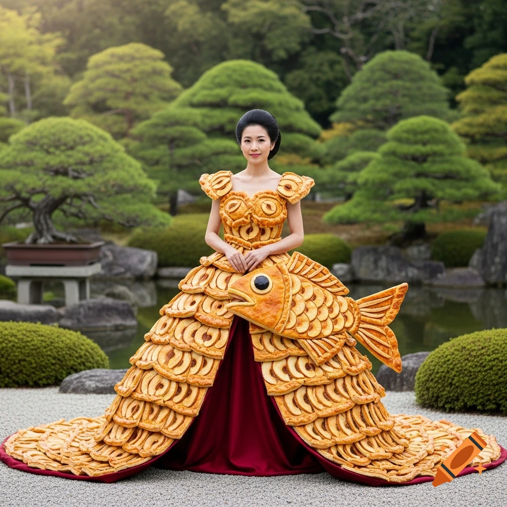 A Japanese woman in a photorealistic, elaborate dress made of apple pie with a large fish pie, standing in a serene Japanese garden.