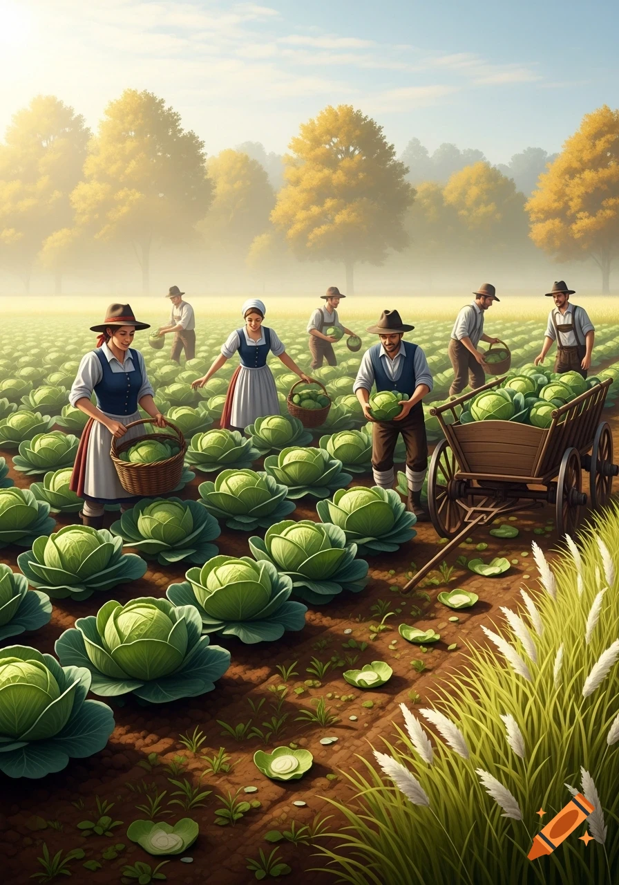 Farmers harvest green cabbage in a sunny field, loading a wooden cart.