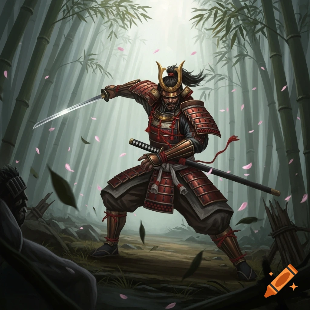 A samurai warrior in red and gold armor, wielding a katana, stands aggressively in a bamboo forest with pink petals falling.
