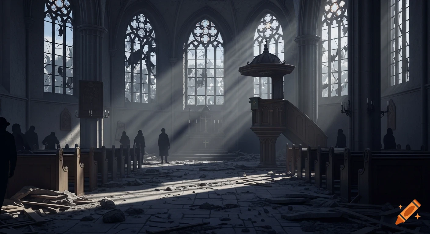Somber, ruined church interior with broken windows, shafts of light, debris, and shadowy figures in pews and by the altar, photorealistic.