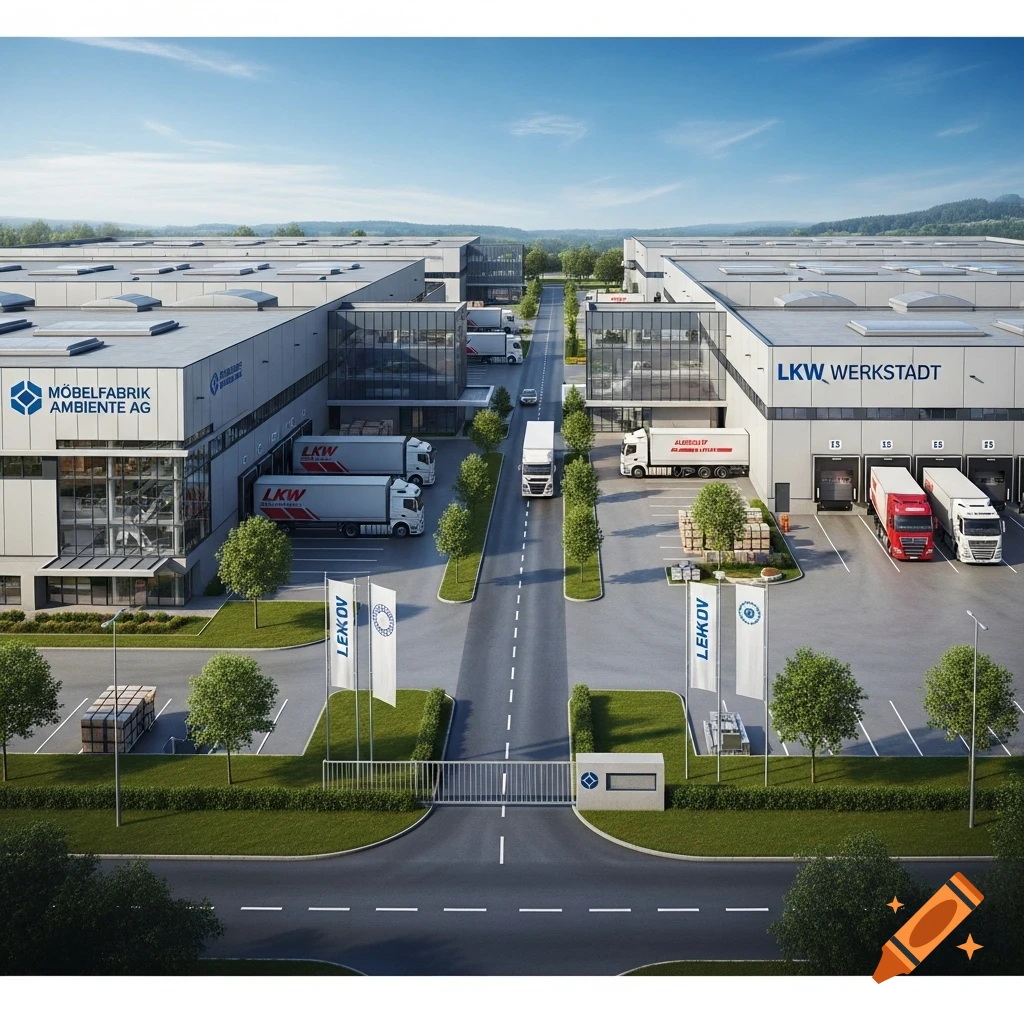Aerial view of a modern logistics park with multiple warehouses, parked trucks, and a central road under a blue sky.