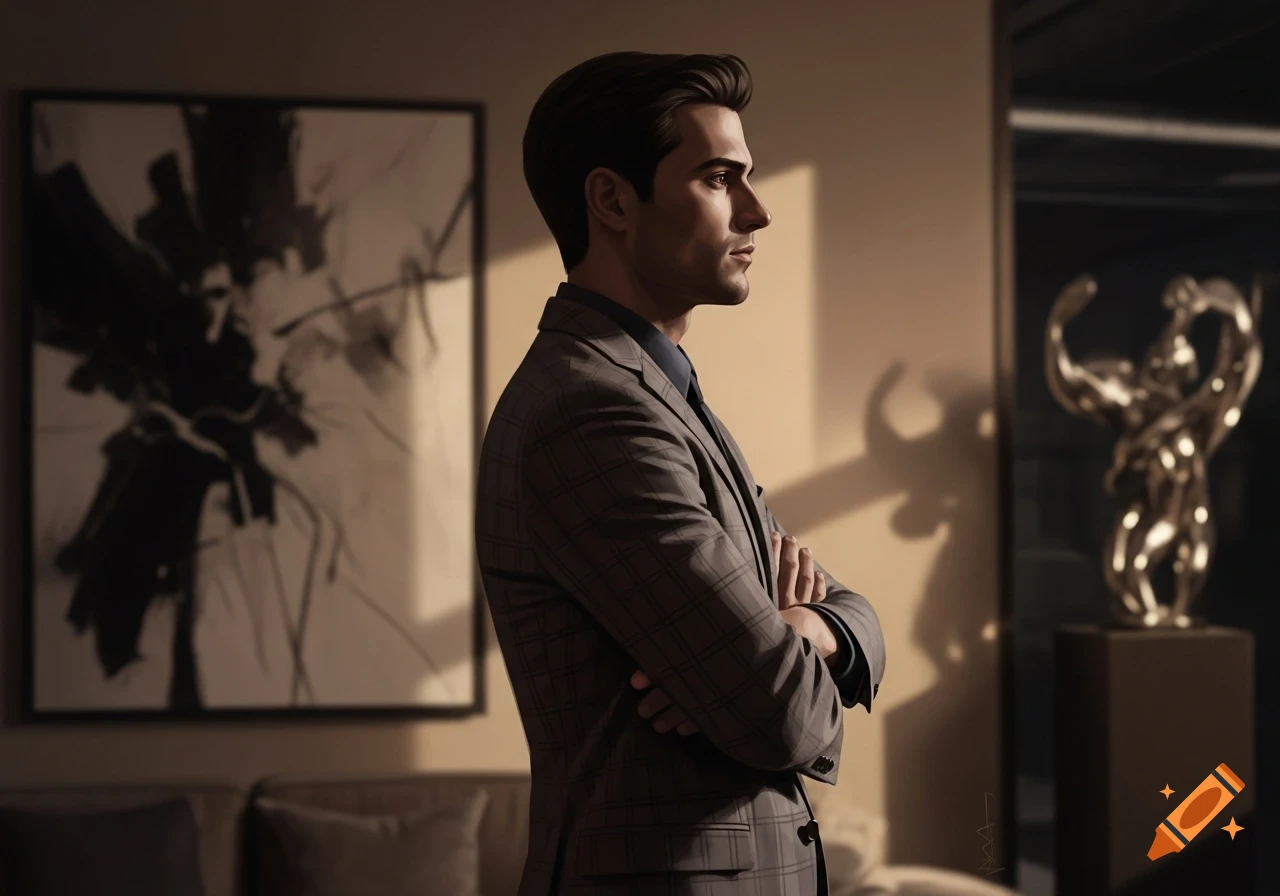 A man in a suit stands with crossed arms in side profile, looking right, in a room with abstract art and a gold statue. Realistic art style.