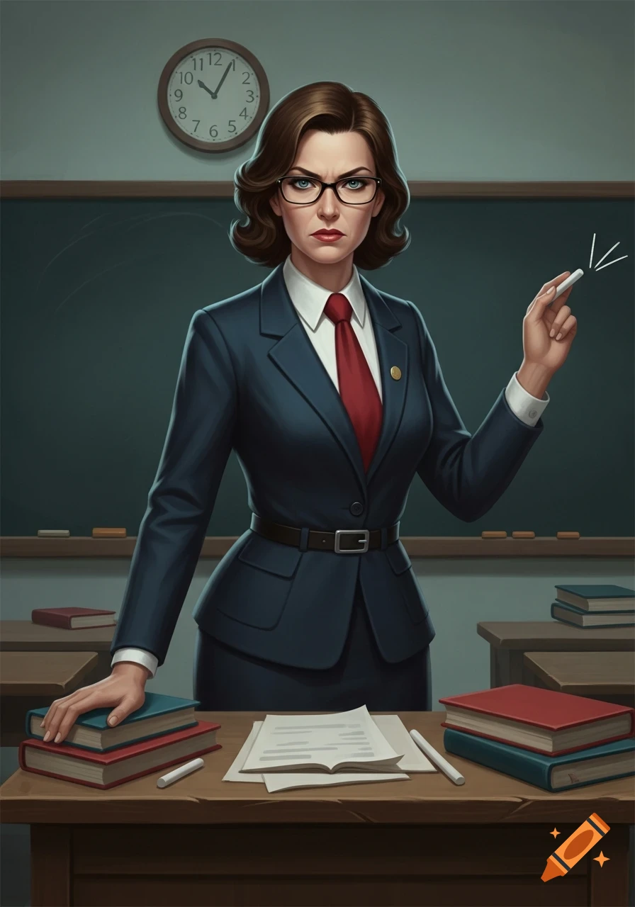 A stern female teacher in a navy suit and red tie stands in a classroom, holding chalk and looking directly forward. A clock and books are visible.