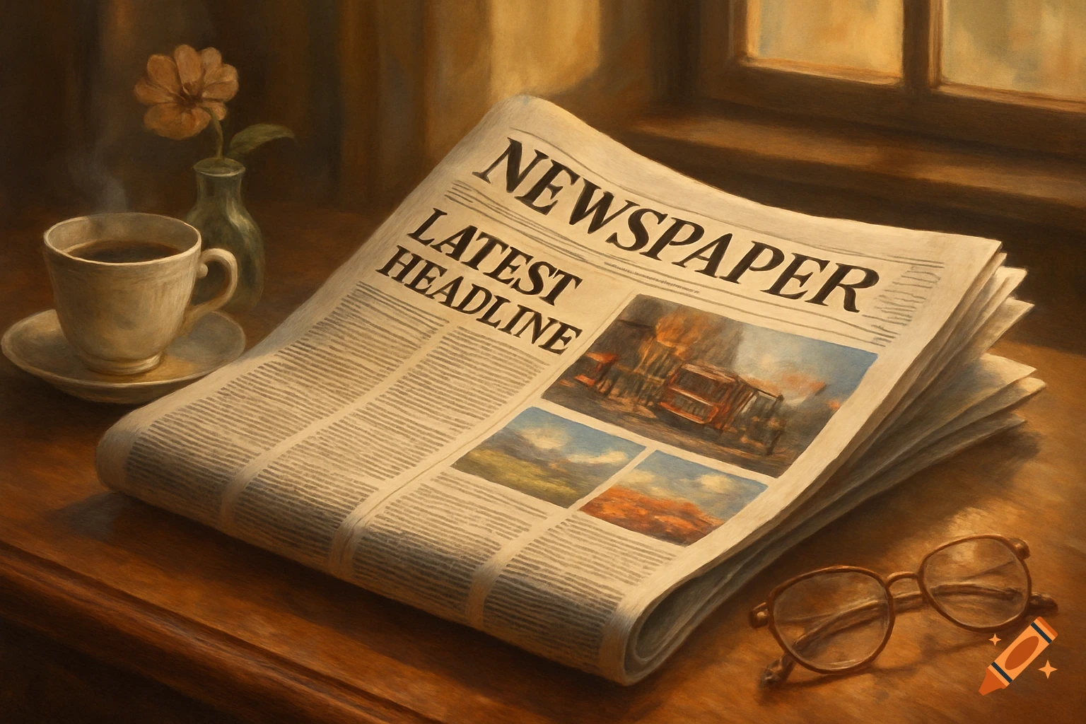 A newspaper with headlines, a steaming coffee cup, and reading glasses resting on a wooden table in a painterly style.