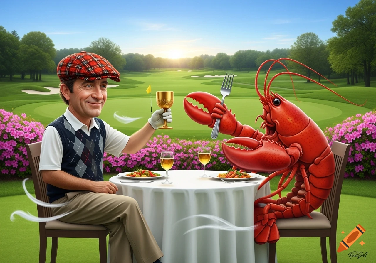 A cartoonish man in golf attire and a large red lobster dine at a table on a golf course under a sunny sky.