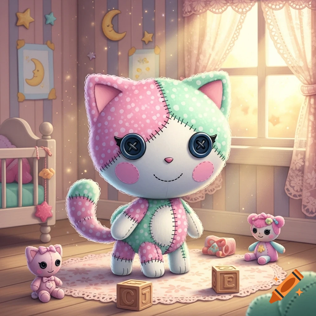 A large, cute patchwork cat doll with pink and mint green sections and button eyes, standing in a whimsical baby room with a crib and other dolls.